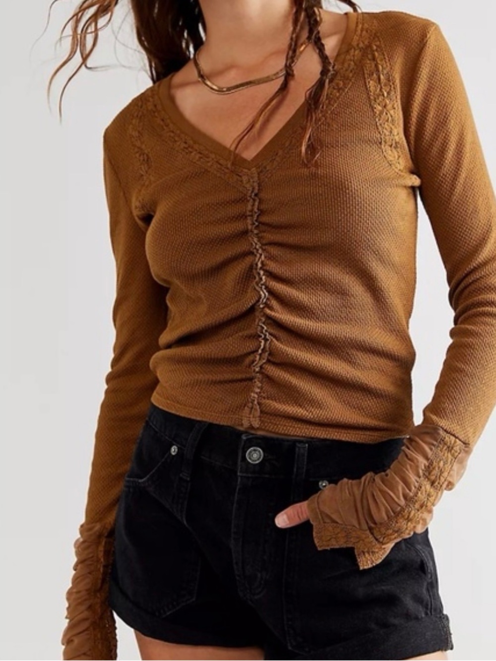 Free People Ruched Waffle Knit Long Sleeve Top in Caramel Brown